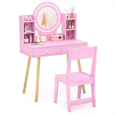 Pink Kids Vanity Dressing Table & Chair Set Makeup Desk & Chair w/ 2-Color Front Lit Mirror